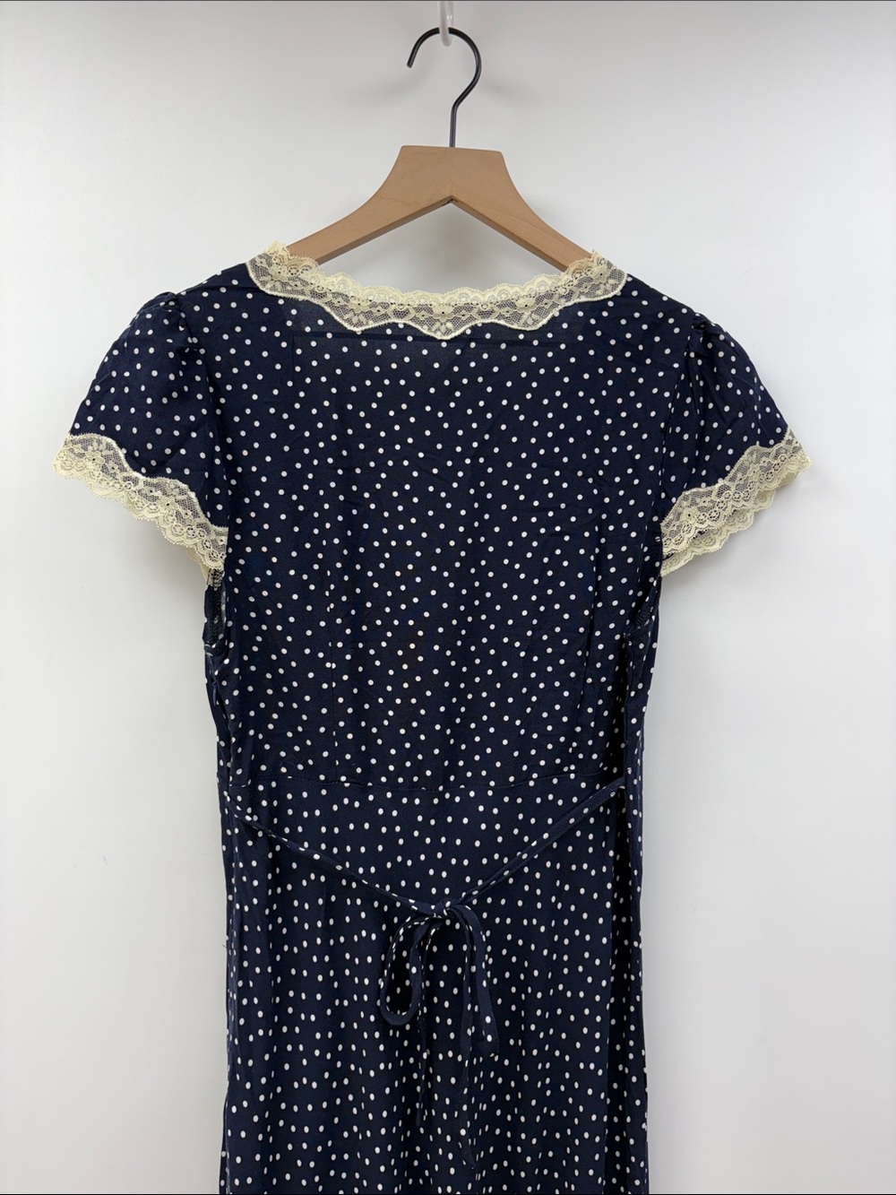 NWT Commense Polka Dot Lace Trim V-Neck Short Sleeve Sheath Dress Navy Medium - Picture 8 of 11